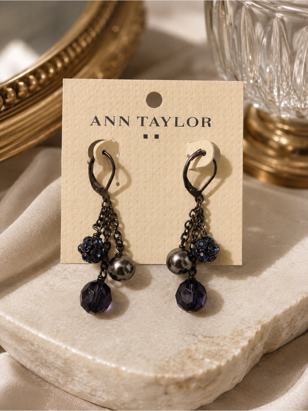 Ann Taylor Purple and Gunmetal Cluster Drop Earrings